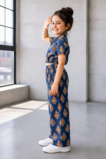 Girls Dark Blue Cotton Printed Top And Pant Set