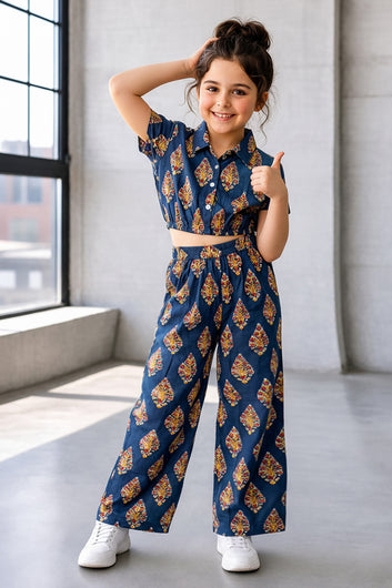 Girls Dark Blue Cotton Printed Top And Pant Set