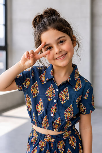 Girls Dark Blue Cotton Printed Top And Pant Set