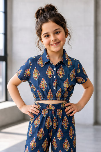 Girls Dark Blue Cotton Printed Top And Pant Set