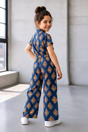 Girls Dark Blue Cotton Printed Top And Pant Set