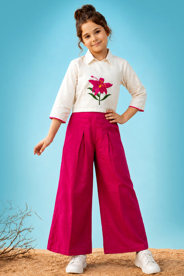 Girls Off white Silk Blend Embroidered Top and Solid Pink Palazzo Set Trendy Girls Co Ords Set