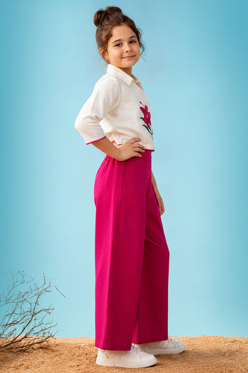 Girls Off white Silk Blend Embroidered Top and Solid Pink Palazzo Set Trendy Girls Co Ords Set