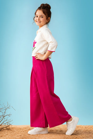 Girls Off white Silk Blend Embroidered Top and Solid Pink Palazzo Set Trendy Girls Co Ords Set