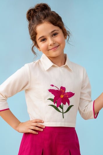 Girls Off white Silk Blend Embroidered Top and Solid Pink Palazzo Set Trendy Girls Co Ords Set