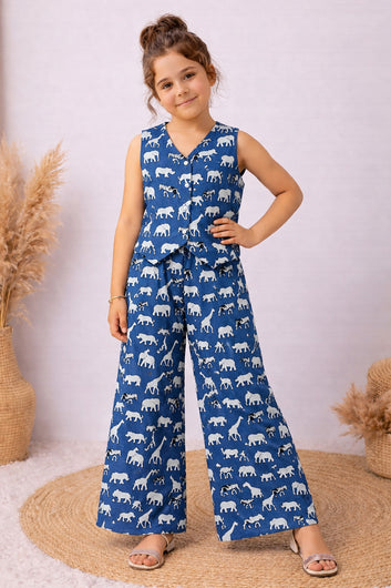 Girls Blue Cotton Printed Top And Palazzo Set