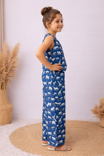 Girls Blue Cotton Printed Top And Palazzo Set