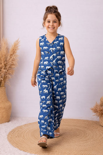 Girls Blue Cotton Printed Top And Palazzo Set