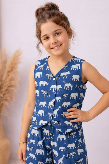 Girls Blue Cotton Printed Top And Palazzo Set