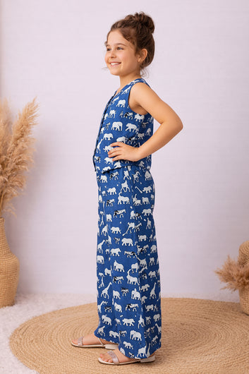 Girls Blue Cotton Printed Top And Palazzo Set
