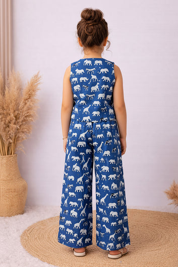 Girls Blue Cotton Printed Top And Palazzo Set