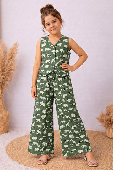 Girls Green Cotton Printed Top and Palazzo Set