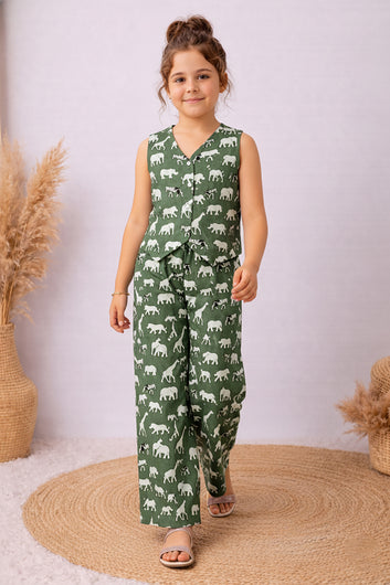 Girls Green Cotton Printed Top and Palazzo Set