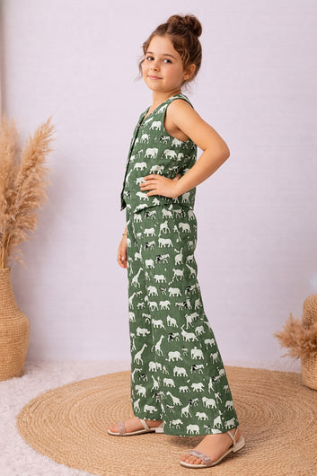 Girls Green Cotton Printed Top and Palazzo Set