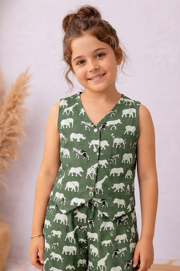 Girls Green Cotton Printed Top and Palazzo Set