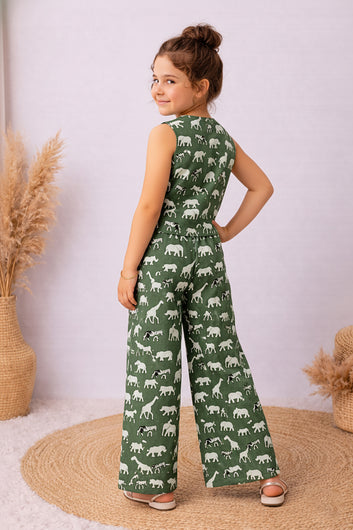 Girls Green Cotton Printed Top and Palazzo Set
