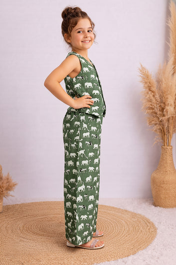 Girls Green Cotton Printed Top and Palazzo Set
