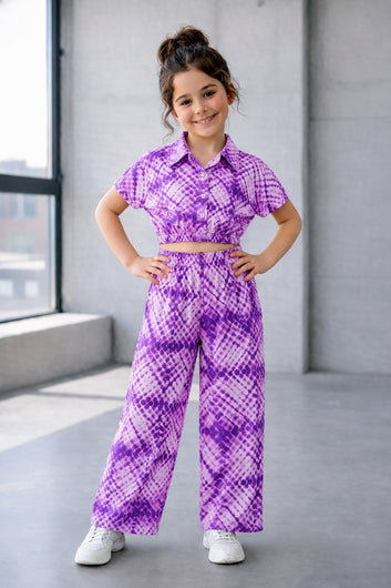 Girls Purple Cotton Blend Geometric Print Collar Neck Top and Pant Set Trendy Girls Co-ords Set Stylish Girls Apparel Combo for Kids Summer Trends