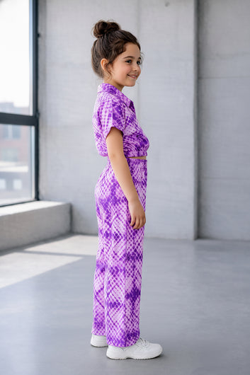 Girls Purple Cotton Blend Geometric Print Collar Neck Top and Pant Set Trendy Girls Co-ords Set Stylish Girls Apparel Combo for Kids Summer Trends