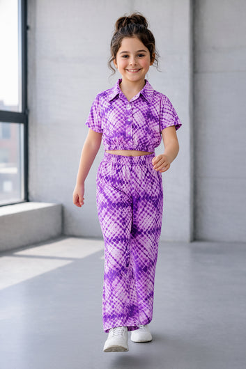 Girls Purple Cotton Blend Geometric Print Collar Neck Top and Pant Set Trendy Girls Co-ords Set Stylish Girls Apparel Combo for Kids Summer Trends