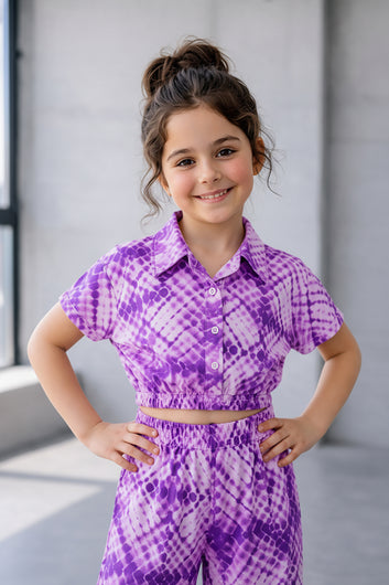 Girls Purple Cotton Blend Geometric Print Collar Neck Top and Pant Set Trendy Girls Co-ords Set Stylish Girls Apparel Combo for Kids Summer Trends