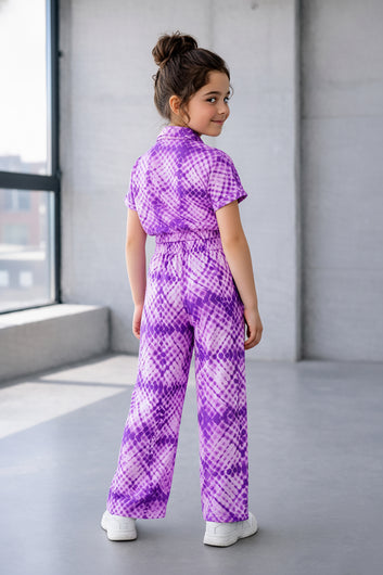 Girls Purple Cotton Blend Geometric Print Collar Neck Top and Pant Set Trendy Girls Co-ords Set Stylish Girls Apparel Combo for Kids Summer Trends