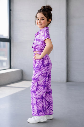 Girls Purple Cotton Blend Geometric Print Collar Neck Top and Pant Set Trendy Girls Co-ords Set Stylish Girls Apparel Combo for Kids Summer Trends
