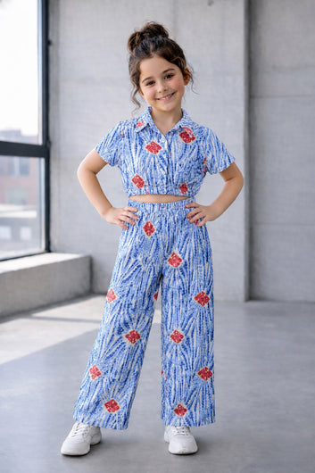 Girls Light Blue Cotton Blend Abstract Print Collar Neck Top and Pant Set Trendy Girls Co-ords Set Stylish Girls Apparel Combo for Kids Summer Trends