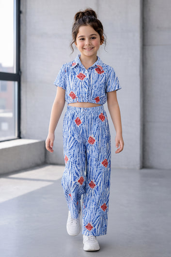 Girls Light Blue Cotton Blend Abstract Print Collar Neck Top and Pant Set Trendy Girls Co-ords Set Stylish Girls Apparel Combo for Kids Summer Trends