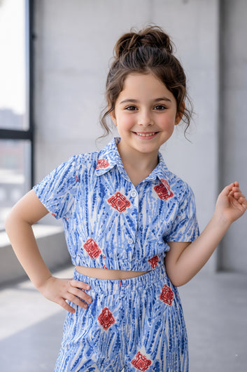 Girls Light Blue Cotton Blend Abstract Print Collar Neck Top and Pant Set Trendy Girls Co-ords Set Stylish Girls Apparel Combo for Kids Summer Trends