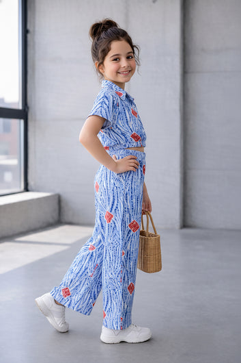 Girls Light Blue Cotton Blend Abstract Print Collar Neck Top and Pant Set Trendy Girls Co-ords Set Stylish Girls Apparel Combo for Kids Summer Trends