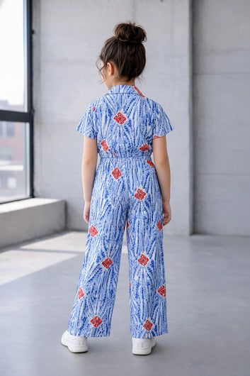 Girls Light Blue Cotton Blend Abstract Print Collar Neck Top and Pant Set Trendy Girls Co-ords Set Stylish Girls Apparel Combo for Kids Summer Trends