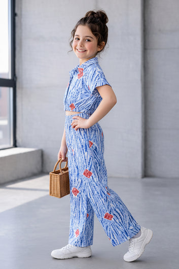 Girls Light Blue Cotton Blend Abstract Print Collar Neck Top and Pant Set Trendy Girls Co-ords Set Stylish Girls Apparel Combo for Kids Summer Trends