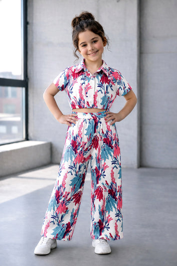 Girls White Cotton Blend Floral Print Collar Neck Top and Pant Set Trendy Girls Co-ords Set Stylish Girls Apparel Combo for Kids Summer Trends