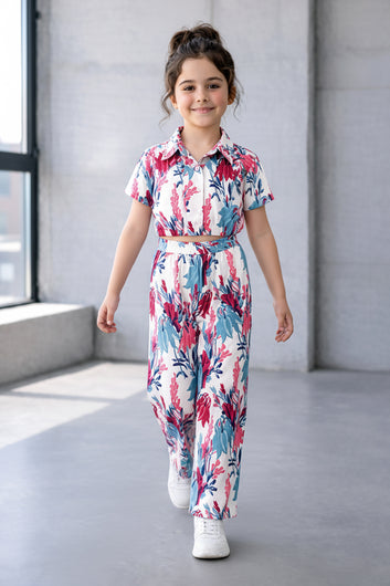 Girls White Cotton Blend Floral Print Collar Neck Top and Pant Set Trendy Girls Co-ords Set Stylish Girls Apparel Combo for Kids Summer Trends