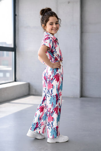 Girls White Cotton Blend Floral Print Collar Neck Top and Pant Set Trendy Girls Co-ords Set Stylish Girls Apparel Combo for Kids Summer Trends