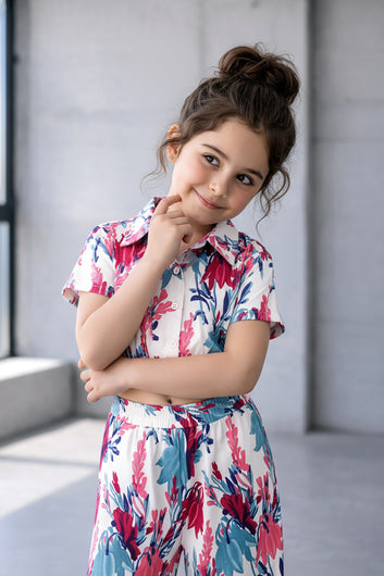 Girls White Cotton Blend Floral Print Collar Neck Top and Pant Set Trendy Girls Co-ords Set Stylish Girls Apparel Combo for Kids Summer Trends