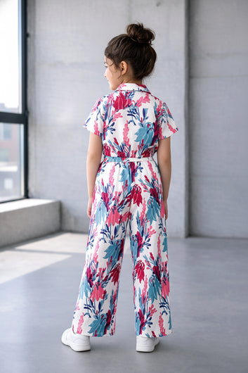Girls White Cotton Blend Floral Print Collar Neck Top and Pant Set Trendy Girls Co-ords Set Stylish Girls Apparel Combo for Kids Summer Trends