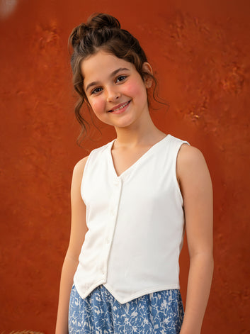 Girls White Cotton Blend Solid Round Neck Top and Printed Palazzo Set Trendy Girls Co Ords Set Stylish Girls Apparel Combo for Kids Summer Trends