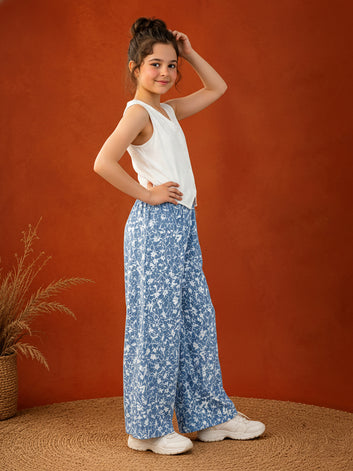 Girls White Cotton Blend Solid Round Neck Top and Printed Palazzo Set Trendy Girls Co Ords Set Stylish Girls Apparel Combo for Kids Summer Trends