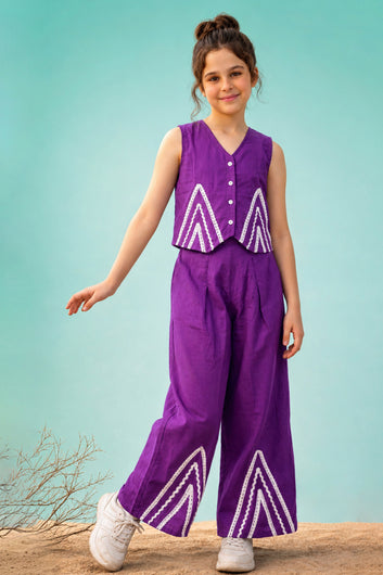 Girls Purple Cotton Blend Lace Design Round Neck Top and Palazzo Set Trendy Girls Co Ords Set Stylish Girls Apparel Combo for Kids Summer Trends