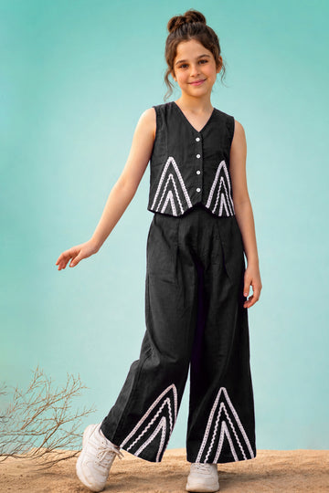 Girls Black Silk Blend Lace Design, V-Neck Top and Pant Set Trendy Girls Co Ords Set Stylish Girls Apparel Combo for Kids Summer Trends