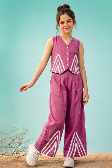 Girls Lavendar Silk Blend Lace Design, V-Neck Top and Pant Set Trendy Girls Co Ords Set Stylish Girls Apparel Combo for Kids Summer Trends