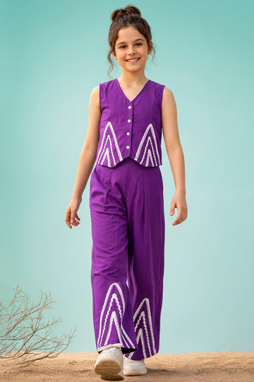 Girls Violet Silk Blend Stylish Lace Design Sleeveless Top with Palazzo Girls Apparel Combo Set