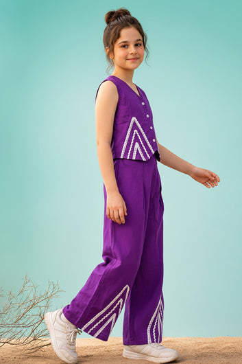 Girls Purple Cotton Blend Lace Design Round Neck Top and Palazzo Set Trendy Girls Co Ords Set Stylish Girls Apparel Combo for Kids Summer Trends
