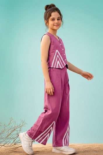 Girls Lavendar Silk Blend Lace Design, V-Neck Top and Pant Set Trendy Girls Co Ords Set Stylish Girls Apparel Combo for Kids Summer Trends