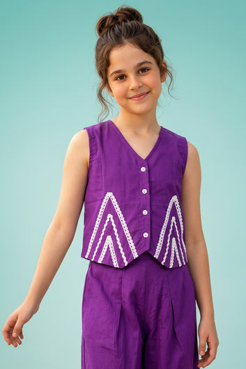 Girls Purple Cotton Blend Lace Design Round Neck Top and Palazzo Set Trendy Girls Co Ords Set Stylish Girls Apparel Combo for Kids Summer Trends
