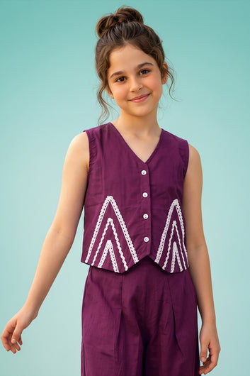 Girls Wine Silk Blend Lace Design, V-Neck Top and Pant Set Trendy Girls Co Ords Set Stylish Girls Apparel Combo for Kids Summer Trends