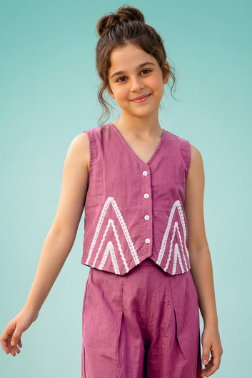 Girls Lavendar Silk Blend Lace Design, V-Neck Top and Pant Set Trendy Girls Co Ords Set Stylish Girls Apparel Combo for Kids Summer Trends
