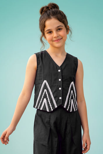 Girls Black Silk Blend Lace Design, V-Neck Top and Pant Set Trendy Girls Co Ords Set Stylish Girls Apparel Combo for Kids Summer Trends